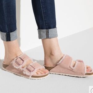 NWT Birkenstock Arizona Shearling Suede Leather Size 7 Light Rose